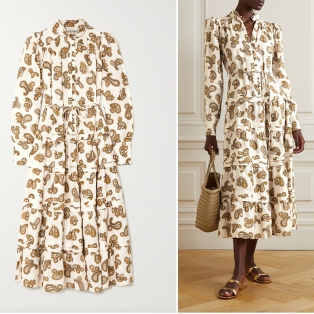 Alemais  Mia Tiered Paisley-print Linen Midi Dress - Cream 100% linen